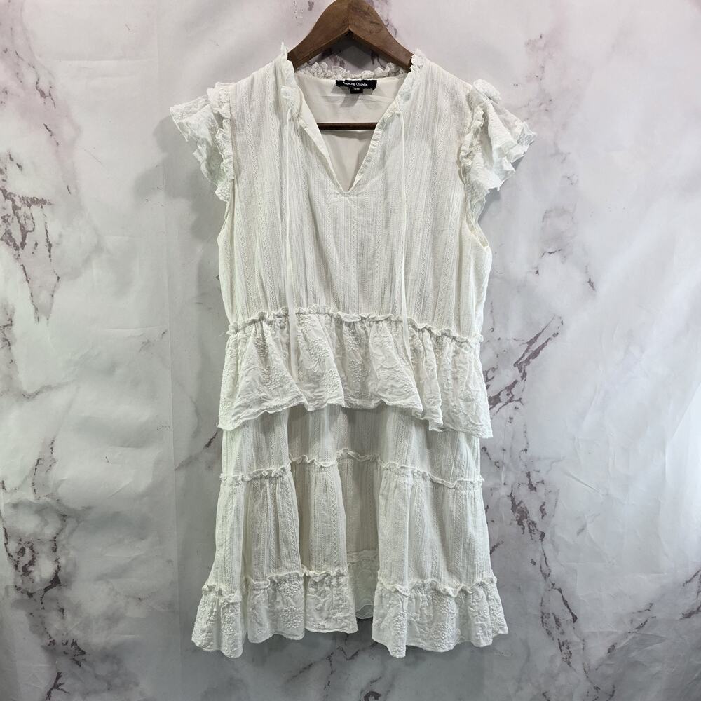 Anthropologie Dress Womens Medium White Embroidered Tiered Boho Notch V Viola